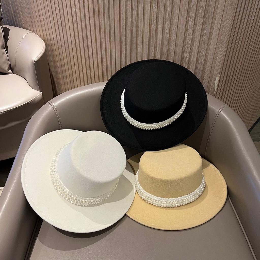 French celebrity style autumn and winter pearl flat top top hat women's fashion British warm wide brim woolen hat felt hat tide