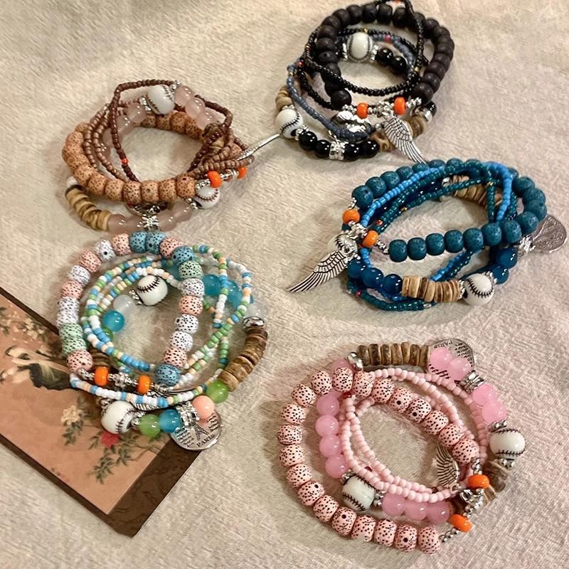 5Pcs Bohemian Multi-Layer Rice Bead Bracelet Wings Pendant Elastic Rope Bracelet Ethnic Style Jewelry