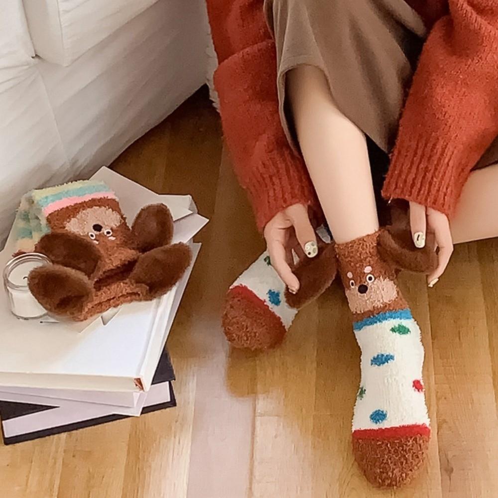 Polka Dot Puppy Ears Coral Fleece Socks Plush Floor Socks Sweet Dog Thicken Velvet Socks Girls