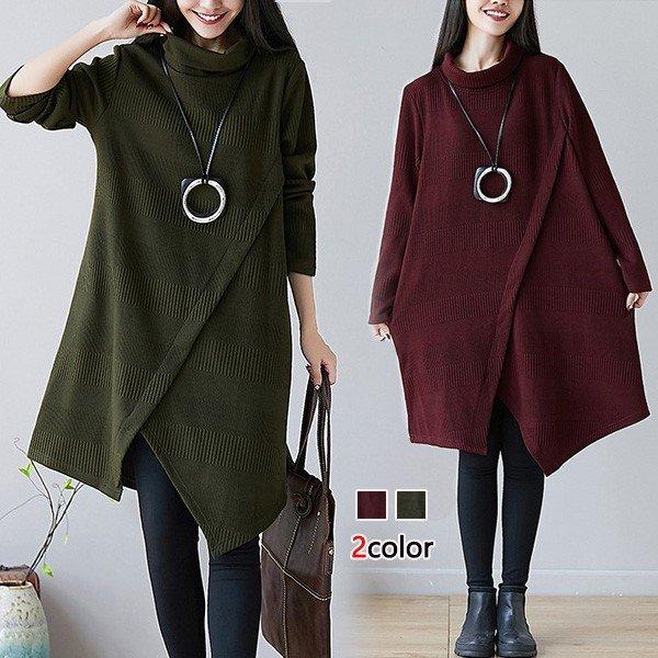 Women's Turtleneck Long Sleeve Midi Dress Loose Fit Loose Waist Vintage Asymmetric Hem Knit Dress Plus Size Warm Lined Casual Tunic Dress