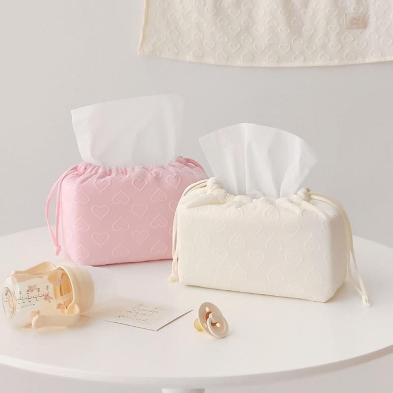 Lovely Heart Pattern Drawstring Tissue Bag Napkin Holder Container Korean Style Portable Newborn Stuff Wet Wipes Organizer