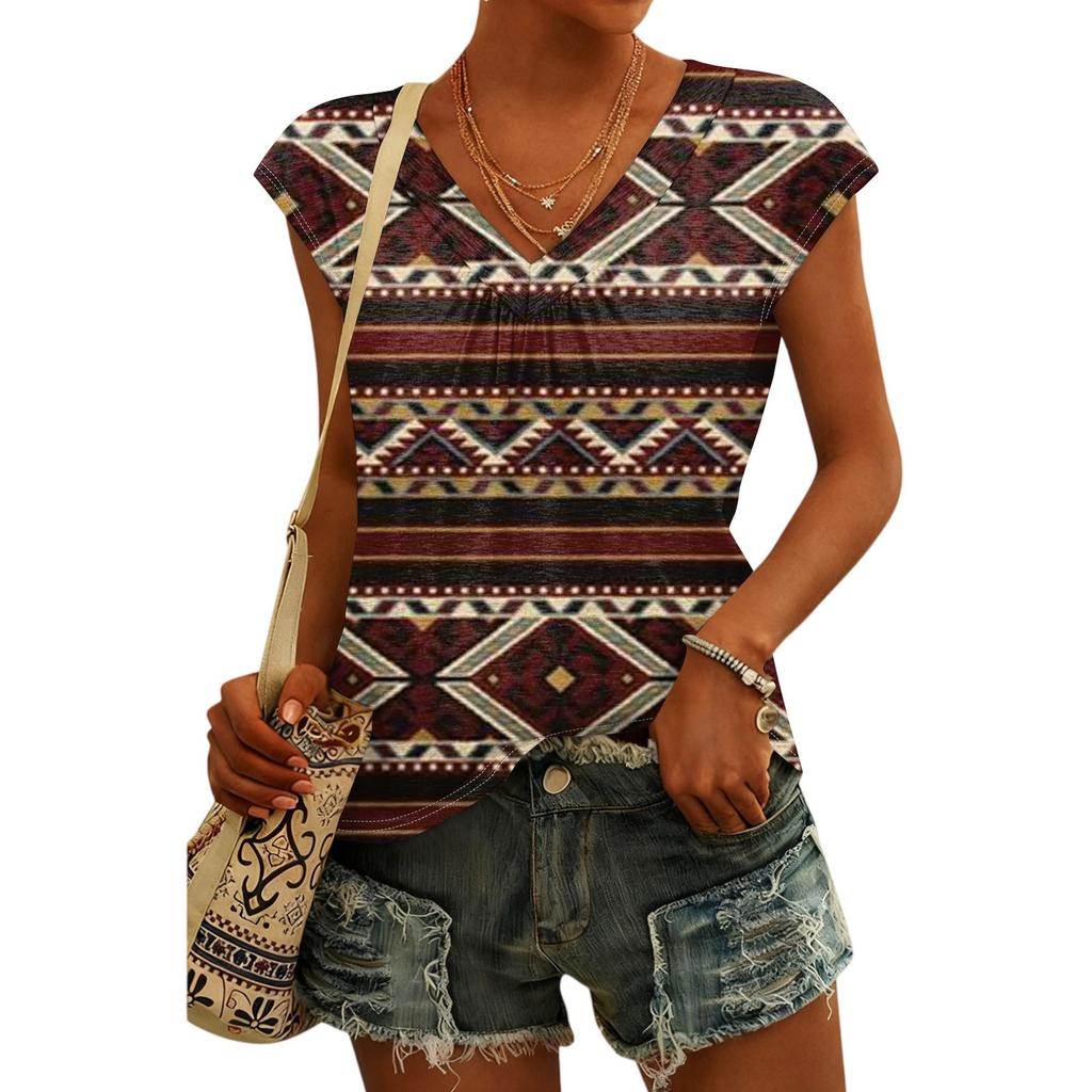 Women's Fashion V-neck Bohemian Print Short Sleeve Top