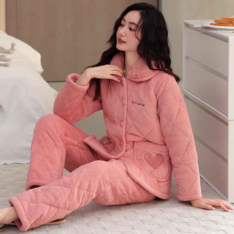 Three-Layer Padded Pajamas Women'S Winter Coral Fleece Thickened And Fleece Padded Jacket Thermal Suit Can Be Worn Outside Loungewear In Winter
