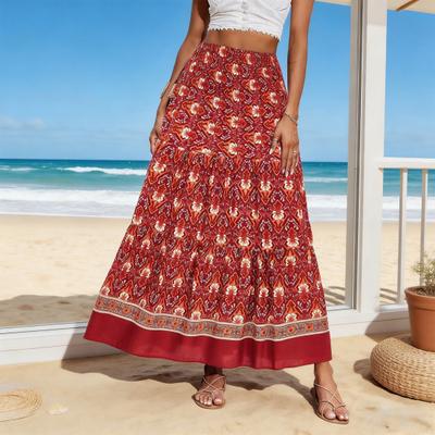 Gonna da Spiaggia Elastica Vita Alta A-line Donna Gonna Ruffle Giuntura Pieghettata Ampio Orlo Stampa Floreale Maxi Gonna Estiva Uso Quotidiano