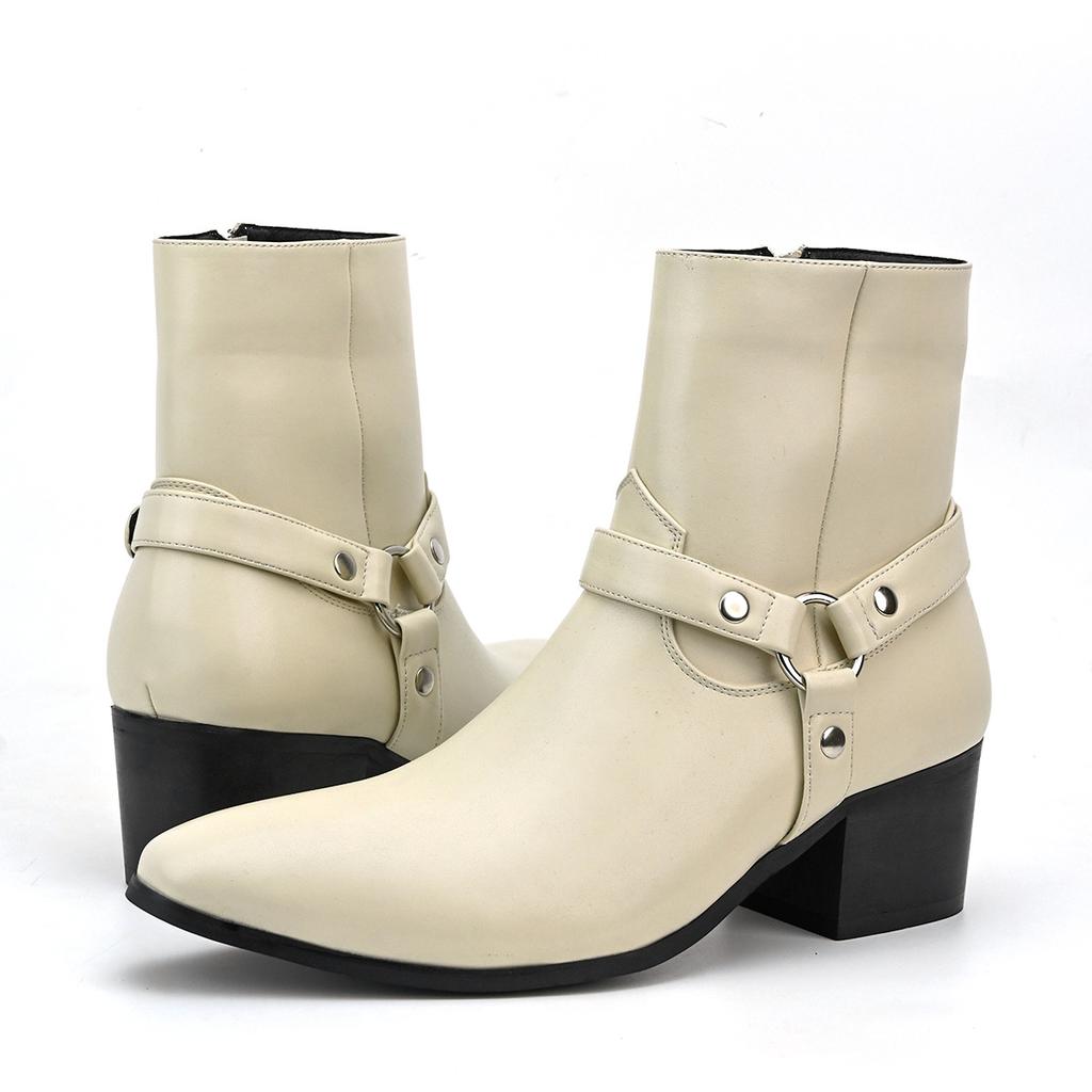 Fashion Mid-Calf Cowboy Boots Men Fashion Side Zip Pointed Toe High Heels Genuine Leather Work Boots Man Footwear High Top Riding Shoes