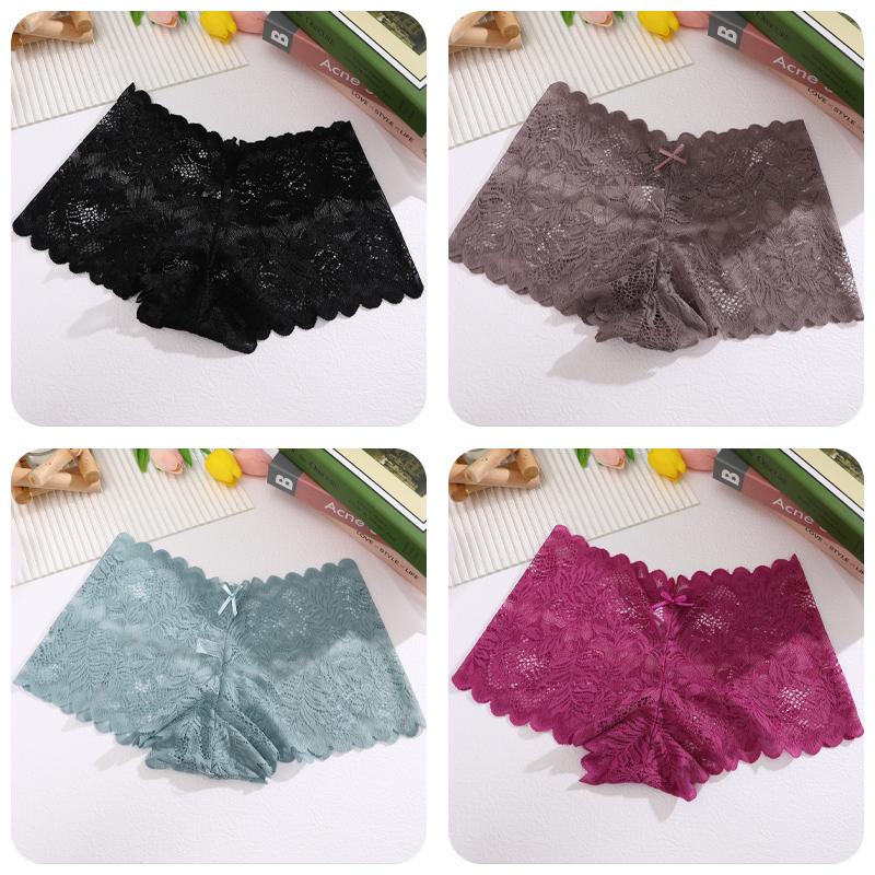 4 Stück/SET Damen Spitzen Hollow Out Boyshorts Unterwäsche Sexy Blumendruck Slips Weiblich Niedrige Taille Perspektive Lingerie Boxershorts