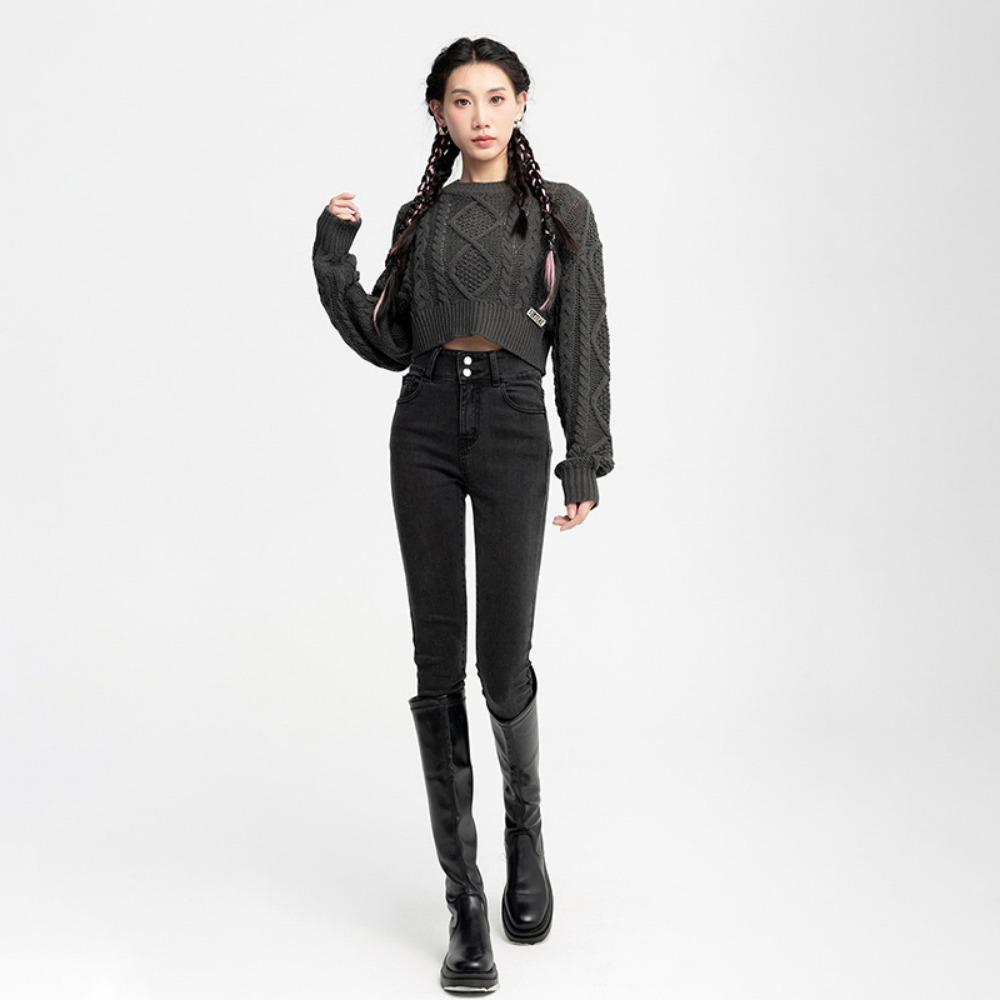 Double-buckle Elastic High-waisted Small-footed Jeans for Women's 2025 Autumn and Winter New Leggings, Pencil Jeans Look Thin