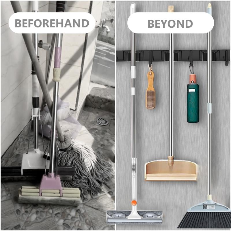 Wall Mounted Rack Space Saving Brooms Organizer Storage Solution for Bathroom