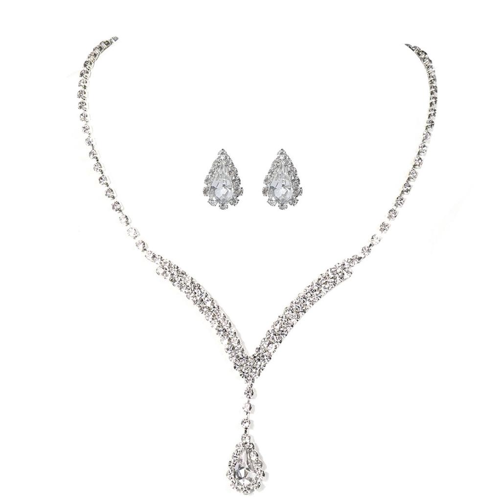 Luxury High-end Super Flash Rhinestone Necklace Earrings Set, Fashionable Zircon Stud Earrings Collarbone Chain, Bridal Jewelry.