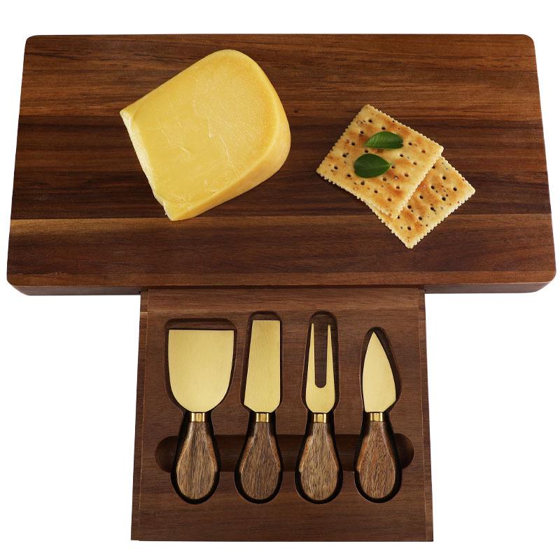 Square Acacia Wood Cheese Board & 4-Piece Stainless Steel Cheese Knife Set