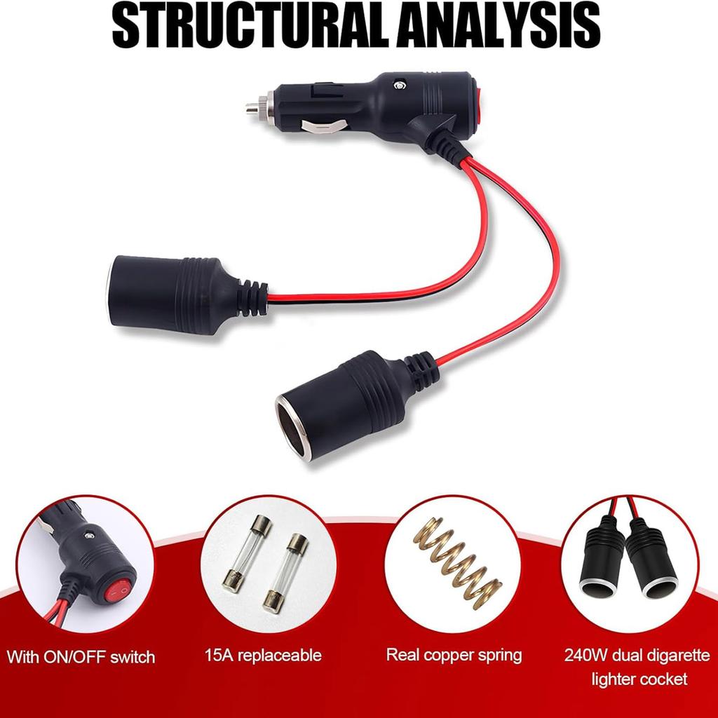 Car Lighter With  One Point Two Female Female Connector Car Lighter Double Socket Extension Cable