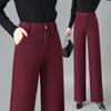 Merino Wool High-Waist Herringbone Slimming Pants - Fleece-Lined Straight & Wide Leg for Autumn/Winter 2024