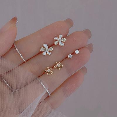 White Flower Stud Earrings Women's Simple and Small Milk White Flower Earrings Summer Zircon Three-piece Earrings