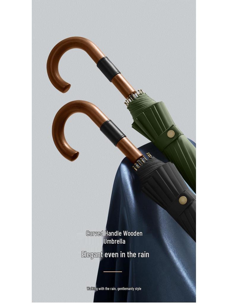 Dubo Extra-Großer 16-Speichen-Holzschirm mit gebogenem Griff - Verstärkt, Verdickt, Business-Sturmsicher für Herren