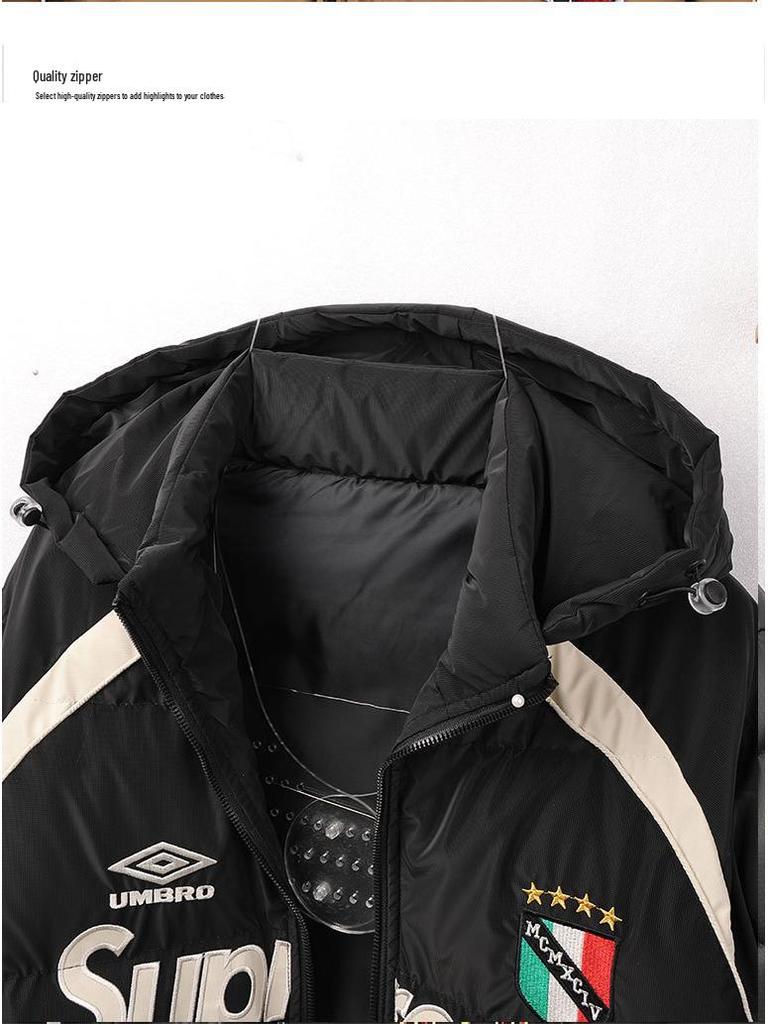 Amerikaans Geborduurde Katoenen Jas met Opstaande Kraag, Afneembare Capuchon en Retro Stijl – Dikke, Warme en Trendy Puffer Buitenjas.