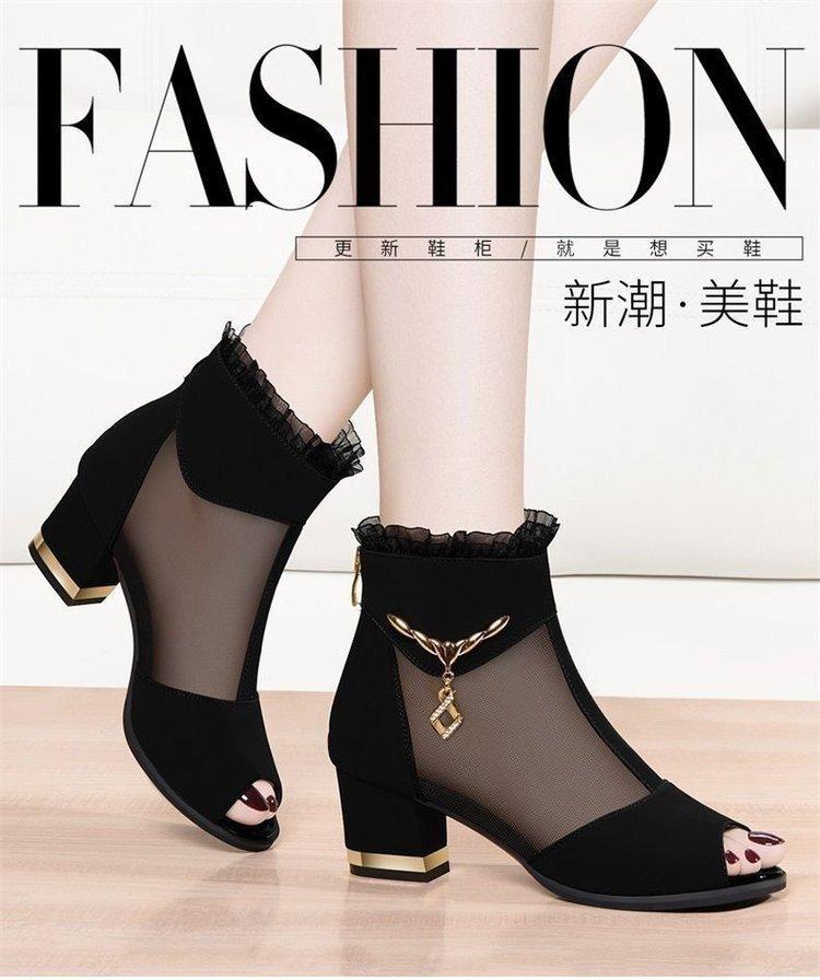 Hollow High Heels Thick Heel Versatile 2025 Spring and Summer New Women's Shoes Mesh Cool Boots High Heel Outer Wear Medium Heel Women's Sandals