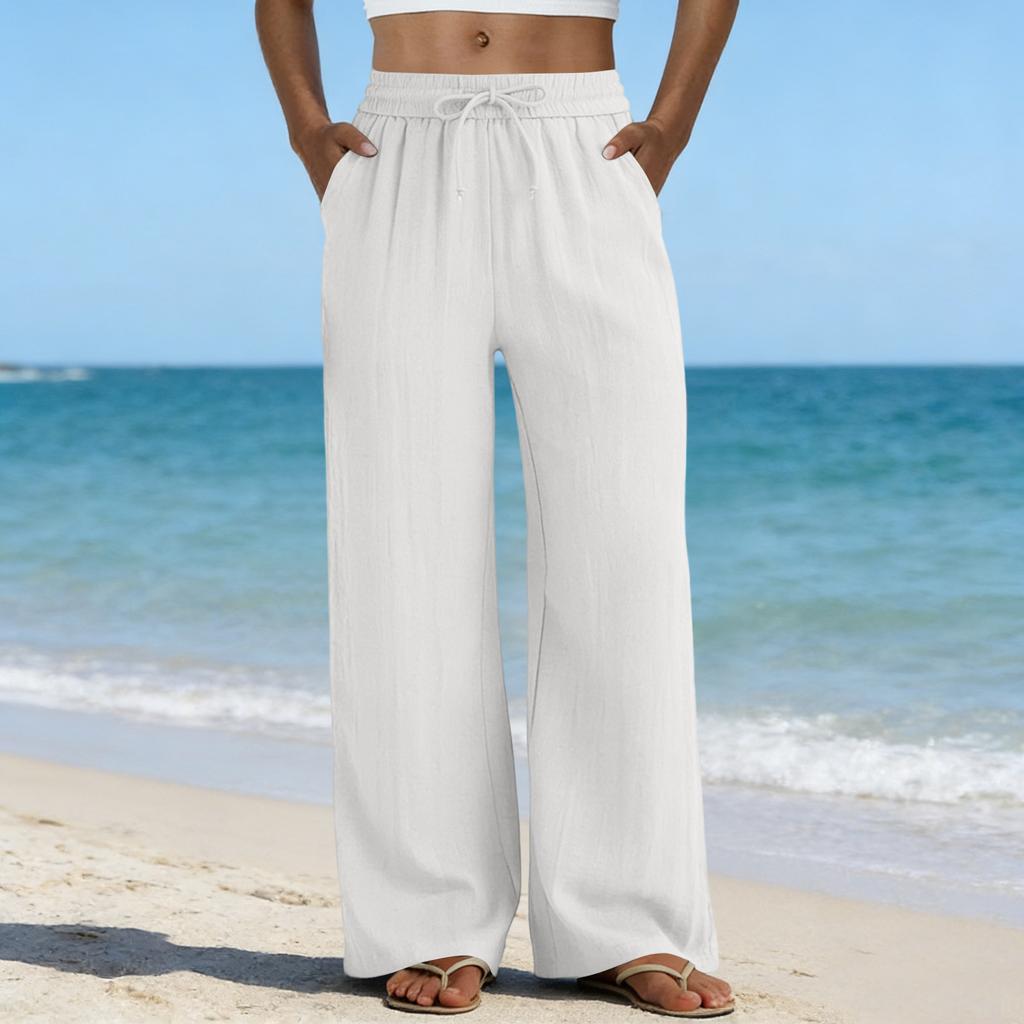 Wide Leg Pants For Women Flowy Drawstring Elastic Waist Trousers With Pockets Summer Beach Vacation Clothes