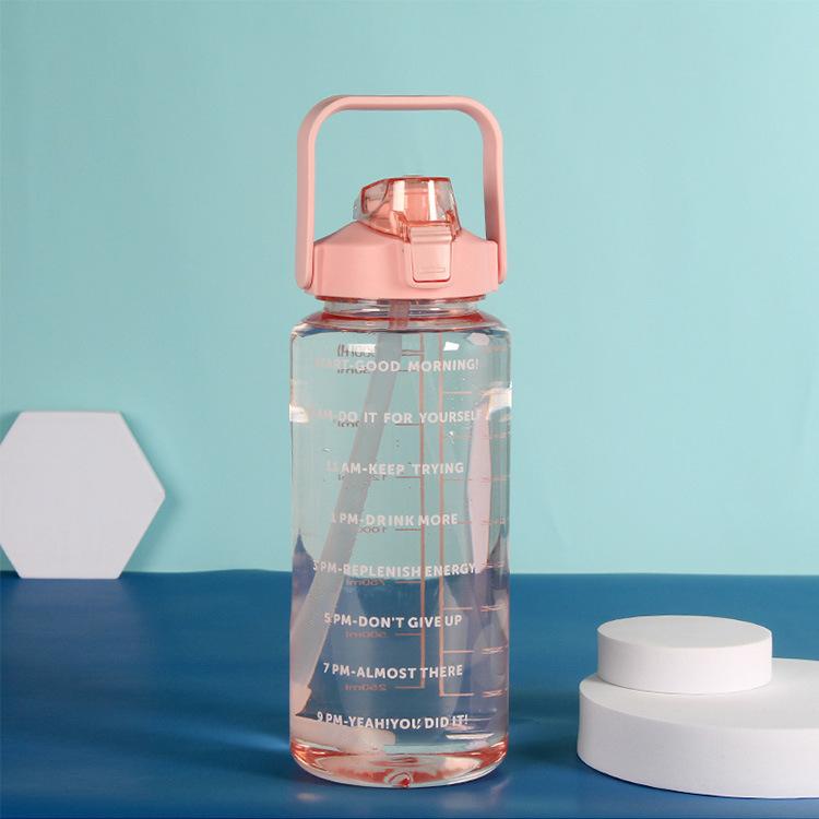 2L Straw Water Bottle Large Capacity Plastic Water Cup Portable Drink Bottle With Time Marker For Outdoor Sports Fitness