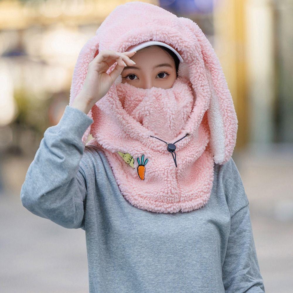 Drawstring Masks Hood Beanies Cartoon Fleece Pullover Cap Rabbit Ear Balaclava Hat  Girls