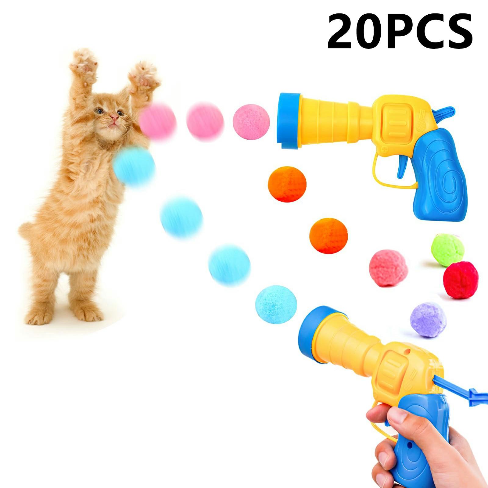 Cat Interactive Plush Ball Launcher Gun with 20 Colorful Balls Kitten Boredom Relief Toy for Indoor Play