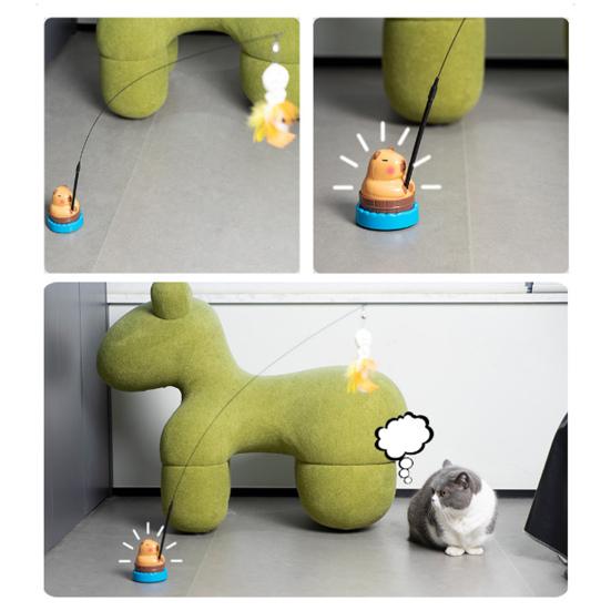 Interactive Cat Teaser Wand Cat Toy with Interchangeable Feathered Teaser Heads 360-Degree Rotating Capybara Base Flexible Cat Wand