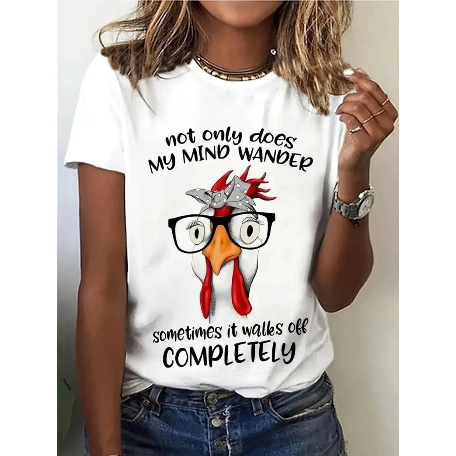 Chicken Printed T-Shirt Casual Short Sleeved Round Neck Top for Spring And Summer Casual Short Sleeved Round Neck Top S