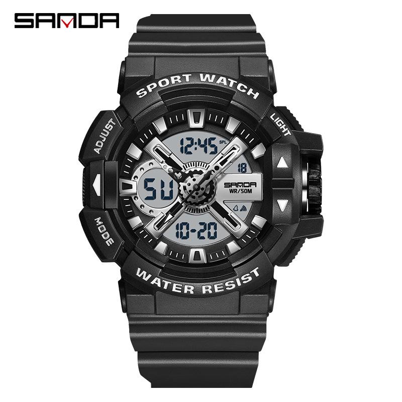 Sanda Men's Dual Display Waterproof Sports Watch: Multifunctional, Luminous, Fashionable, and Versatile for Outdoor Activities.