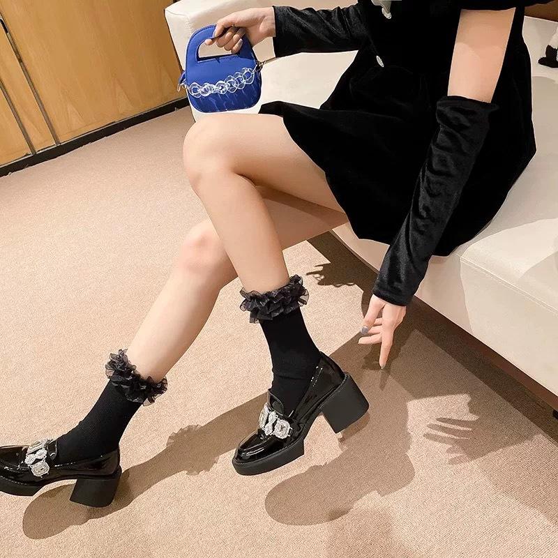 Round head heightened platform small leather shoes women's 2025 new niche high heel thick heel JK single shoes British rhinestone loafers