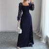 Women's Elegant Square Neck Bubble Long Sleeve Mesh Insert Jacquard Maxi Dress 3D Slimming A-Line Swing Long Dress