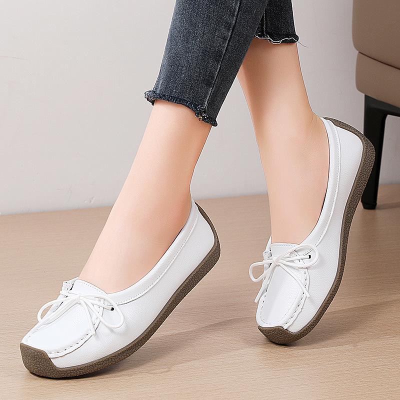 

Cowhide Bean Shoes Korean Style Flat-sole Anti-slip Snail Shoes for Women Casual Flat-heeled Soft-sole Single Shoes Pregnant Women Mother Shoes 35