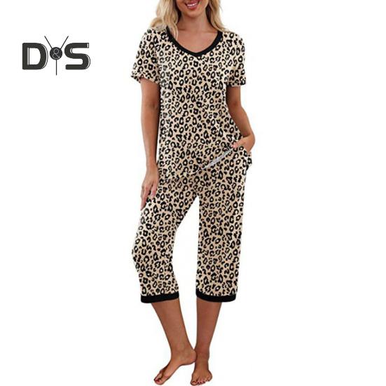 Pyjama d'été 2 pièces pour femme, imprimé floral, col en V, manches courtes, taille élastique, pantalon court, tenue décontractée, vêtements de nuit de printemps