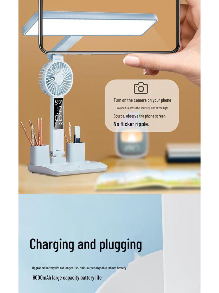 LED Augenschutz-Schreibtischlampe mit Uhr, wiederaufladbare Dual-Use-Ventilatorleuchte, Nachtlicht mit langer Akkulaufzeit