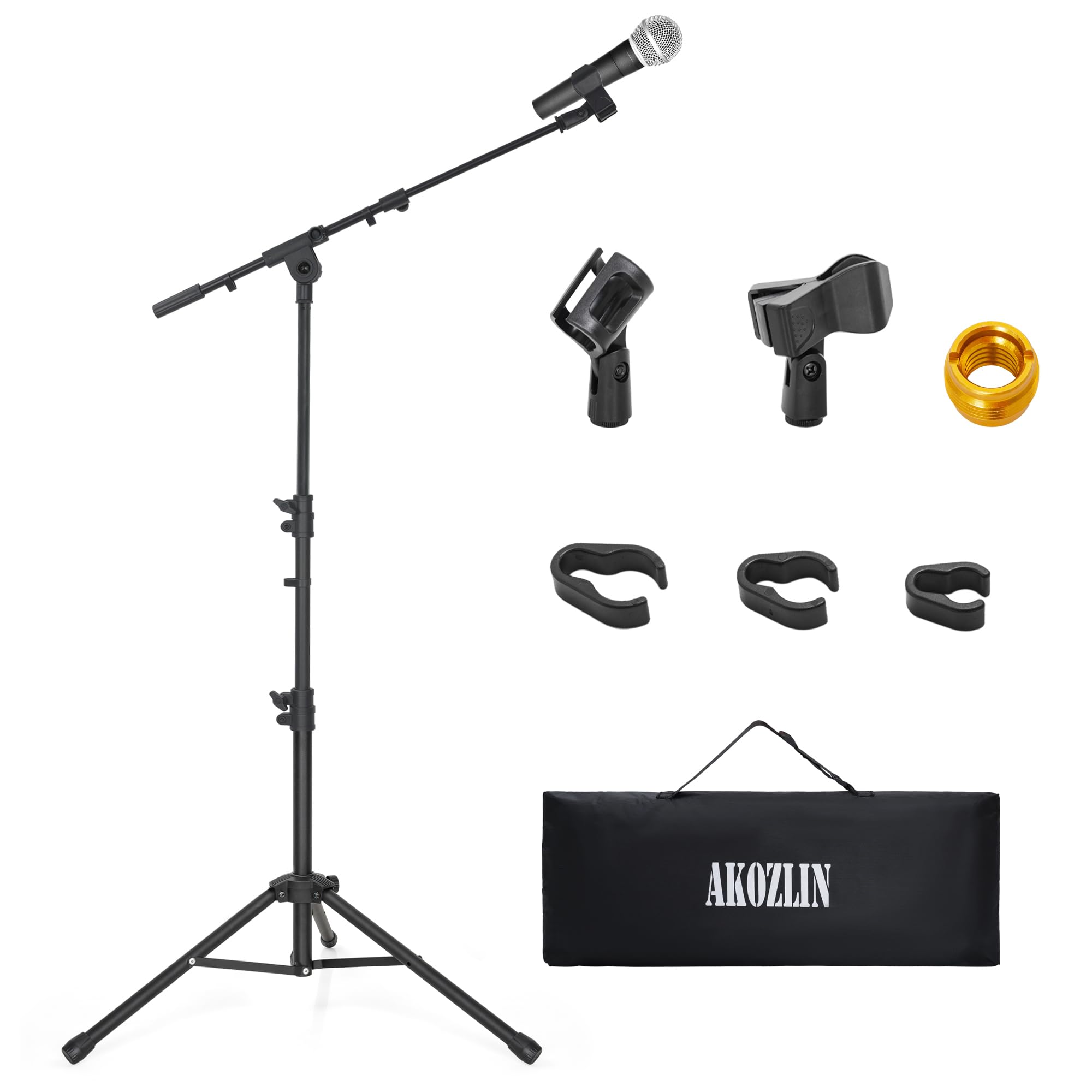 

AKOZLIN Microphone Stand, Boom Tripod Stand, Folding Telescopic Arm, 360-Degree & Height Adjustable, Includes 2 Microphone Holders, Storage Case,