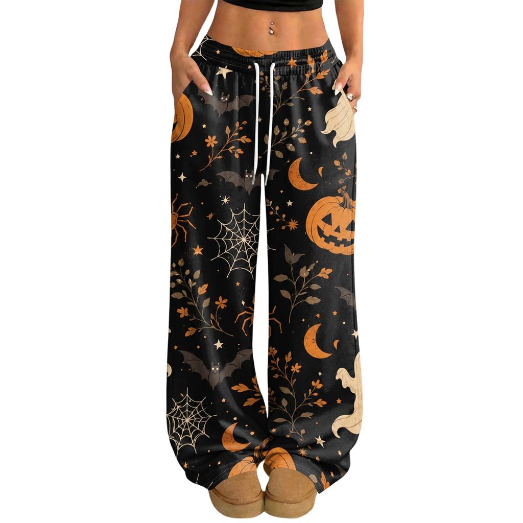 Damen Casual Locker Geschnittene Weite Hosen mit Halloween Print, Elastischer Bund mit Kordelzug für die Feierparty