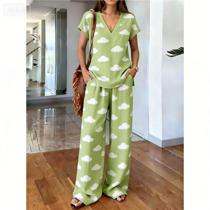 Y1 Summer Loose Short-sleeved V-neck Top Wide-leg Pants Two-piece Women's Clothing European and American Fashion Suit