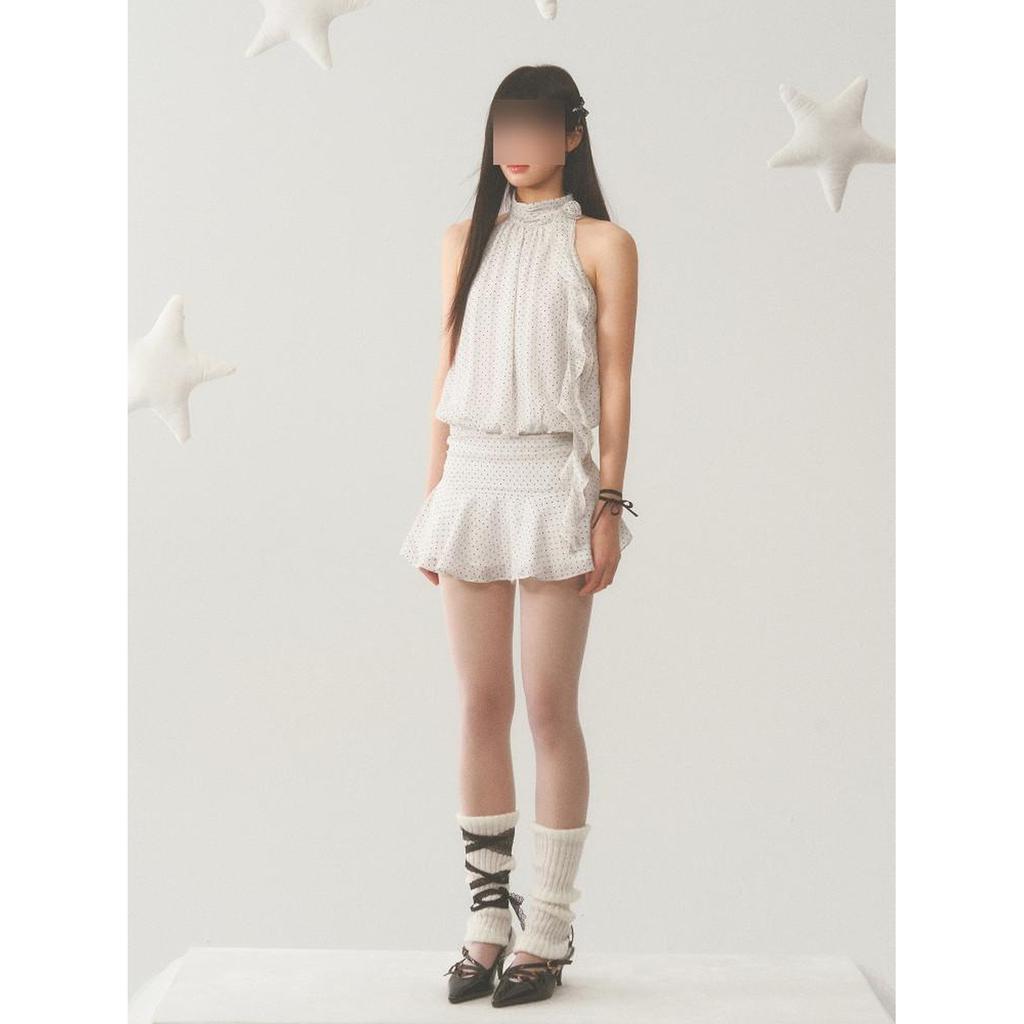 Neck dress women's summer sleeveless short skirt French Spice Girl design sense temperament polka dot skirt new thin