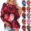 Women's Fashionable Round Neck Shoulder Long Sleeved Valentine's Day Printed Casual Pullover Top