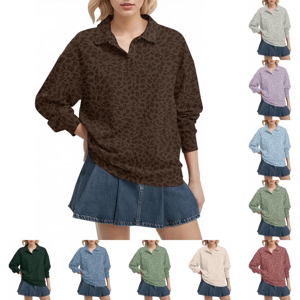 Women's Long Sleeve Leopard Print Top Casual Loose Fit Lapel Collar Blouse for Fall and Winter