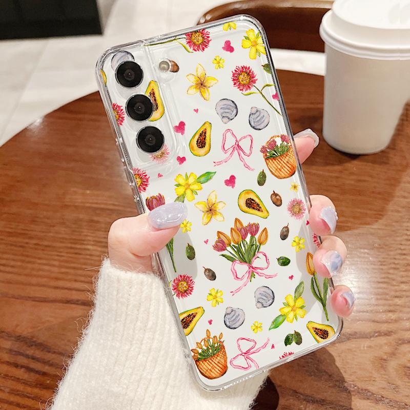 Flowers Leaves Print Case For Samsung S26 Ultra S25 FE S24 S23 S22 Plus S21 A15 A25 A35 A55 A16 A26 A36 A56 A17 A37 A57 5G Clear TPU Soft Cover