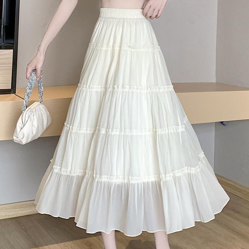 Chiffon Midi Skirt for Women - Spring/Summer Patchwork Ruffle Tiered Cake Skirt with Elastic Waist, Hip-Covering A-Line & Full Flared Design