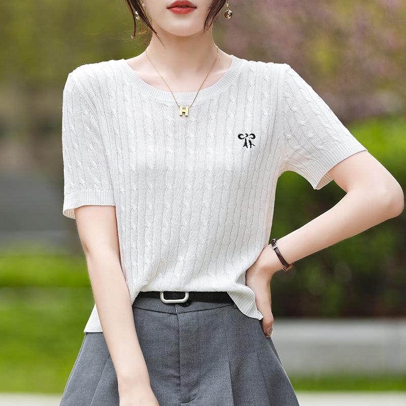 Embroidered Bow Small Twisted Round Neck Sweater T-shirt for Womens Summer Age-reducing Short-sleeved Top