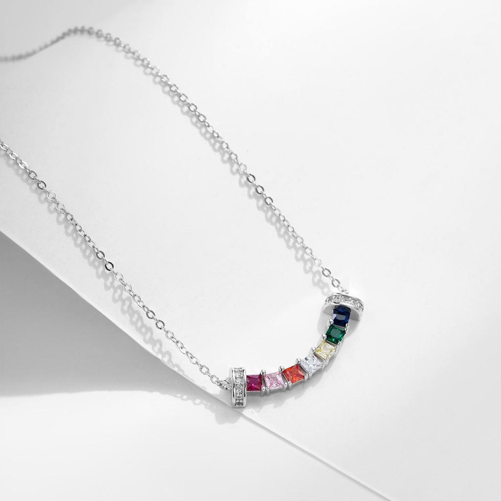 MODIAN 925 Sterling Silver Smile Square Rainbow Colorful Zirconia Pendant Necklace Fashion Neck Chain For Women Fine Jewelry