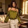 Breathable Women Shirts Summer Off-Shoulder Shirt, Long Sleeve Casual Halter Top, Shirt Solid Color Loose Satin Blouse for Daily Office