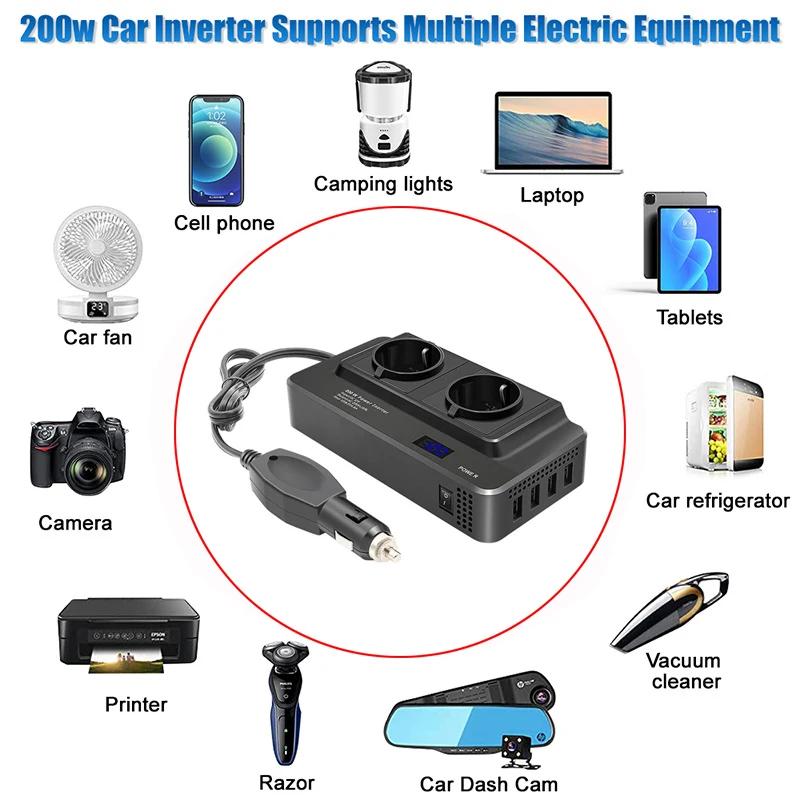 200W Car Plug Converter DC 12V to 220V AC Car Inverter 4 USB Ports Charger Adapter Car Power Inverter EU Plug