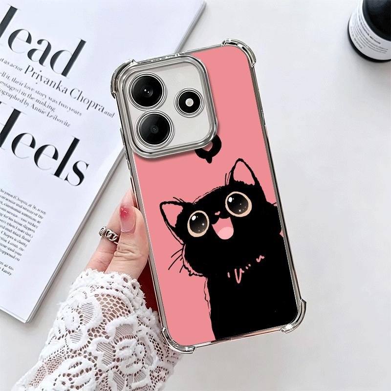 Black Cat Cartoon Cute Plating Phone Case For Xiaomi Redmi Note 14 15 Pro Plus 13 12 11 11S 11T 10 9S 9 5G Anti-Fall Airabag Cov