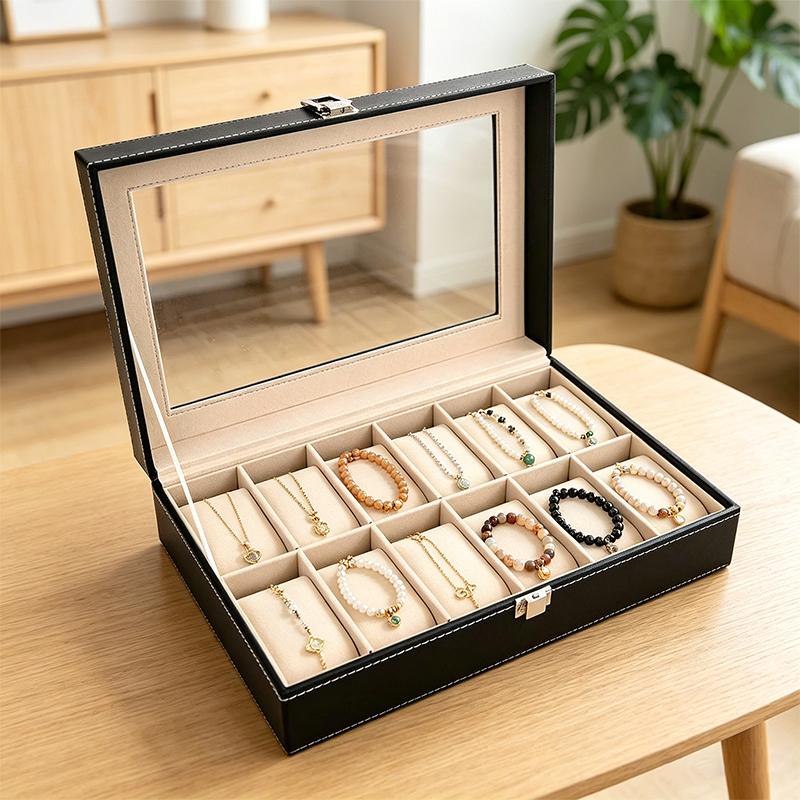 2/4/12 Fächer Aufbewahrungsboxen Schmuckboxen Und Uhrenboxen Mit Transparenten Deckeln Leder Außenseiten Und Samt Auskleidungenp