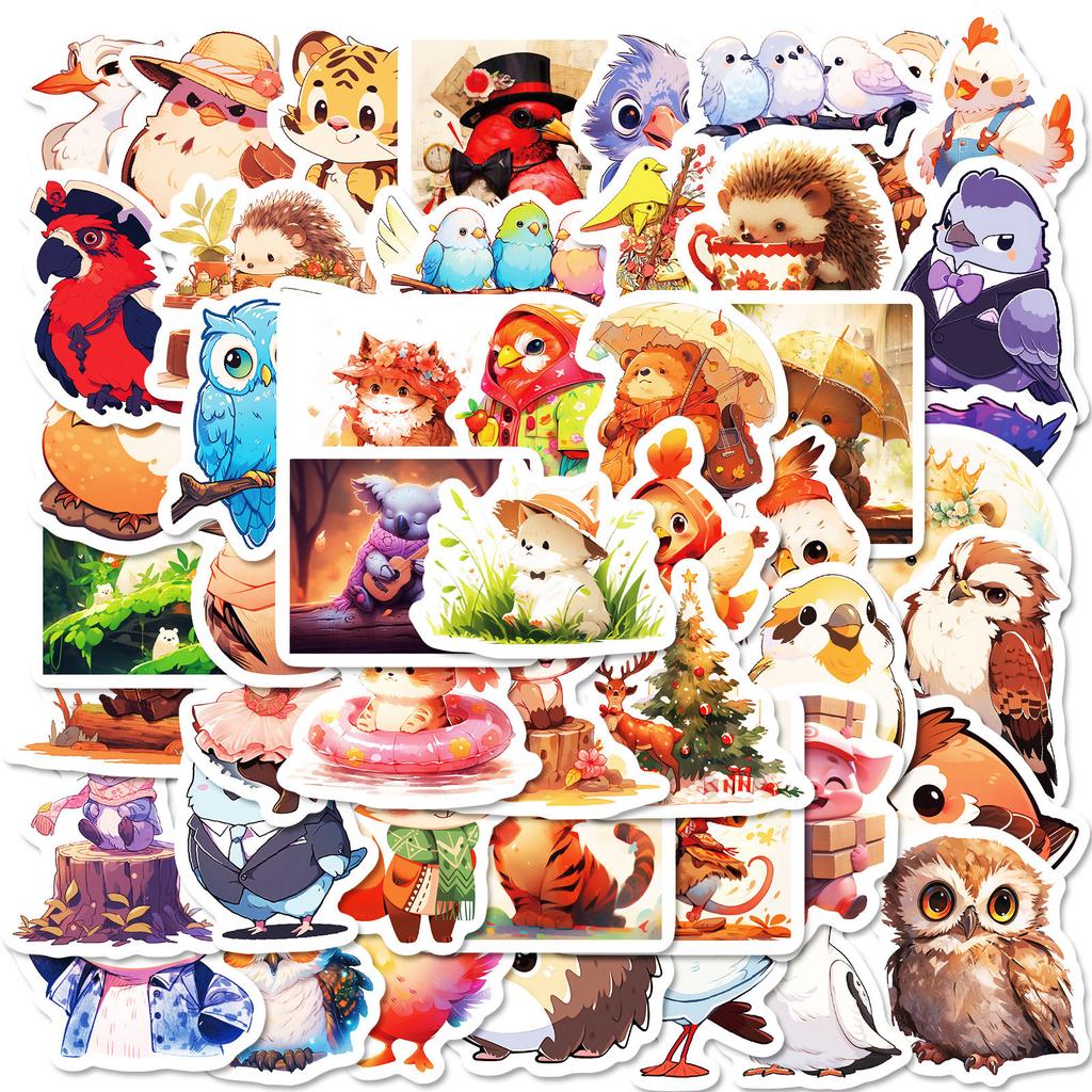 50 Cartoon Fairy Tale Bear Owl Tiger Small Animal Sticker Flat Water Cup Decorative Sticker