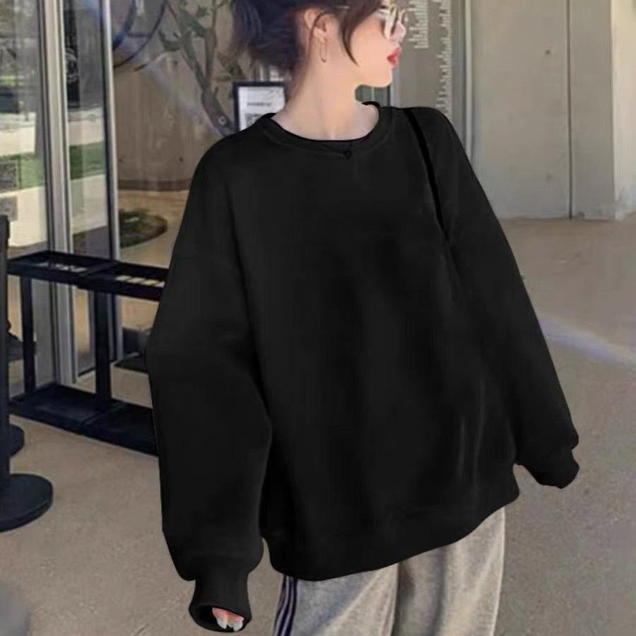 Women's White Korean-Style Crew Neck Pullover Sweatshirt - Pure Cotton, Trendy for Spring/Autumn 2024