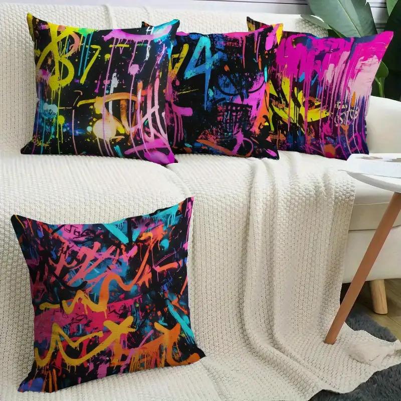 4Pcs Street Art Neon Colors Digital Printing Pillow Cover Short Plush Suitable Living Rooms Bedrooms Sofas Throw Cushion Cover