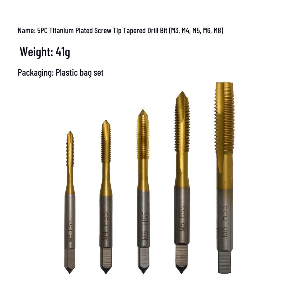 5-Piece Titanium Spiral Point Taper Tap Set, High-Speed Steel Tapping Drill Bits